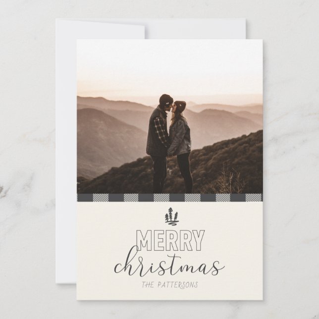 Merry Christmas Modern Grey Buffalo Plaid Card (Front)