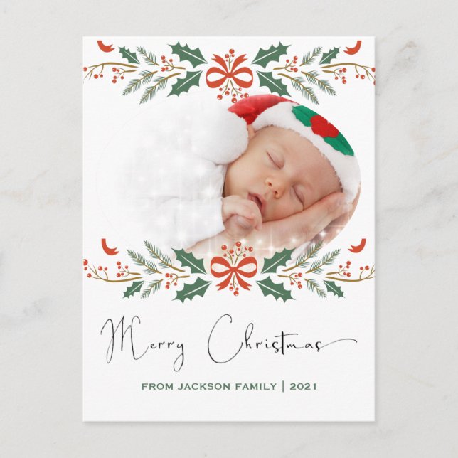 Merry Christmas Modern Hand Lettered Photo Holiday Postcard (Front)