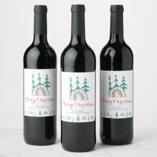 Merry Christmas Modern Holiday Rainbow Trees Wine Wine Label