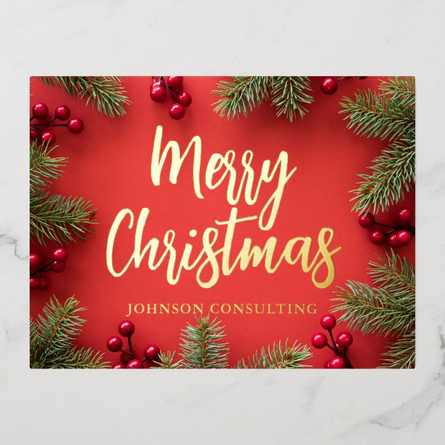 Merry Christmas Modern Holly Berries Pine Needles Foil Holiday Postcard (Front)