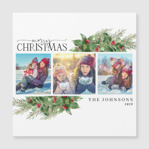 Merry Christmas Modern Holly Berry Photo Magnet
