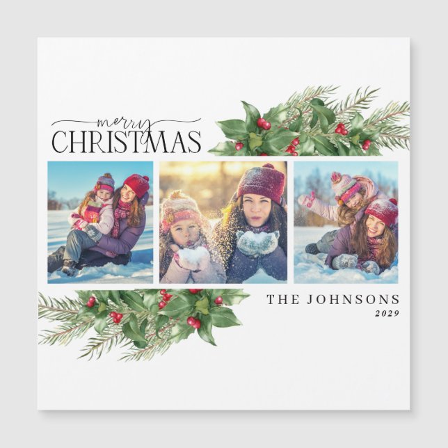 Merry Christmas Modern Holly Berry Photo Magnet (Front)