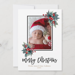 Merry Christmas Modern Holly Berry & Stripes Photo Holiday Card