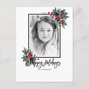 Merry Christmas Modern Holly Berry & Stripes Photo Holiday Postcard
