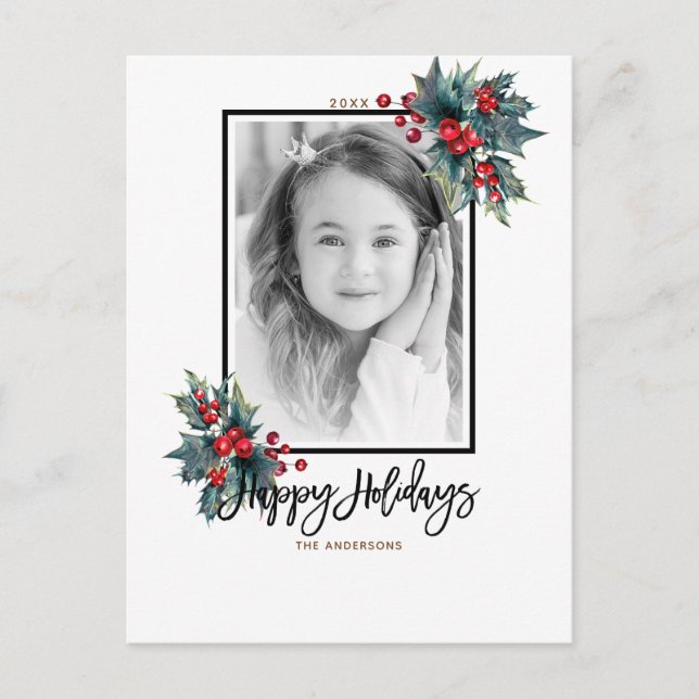Merry Christmas Modern Holly Berry & Stripes Photo Holiday Postcard (Front)
