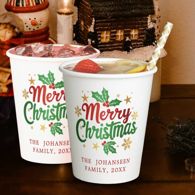 Merry Christmas Modern Holly Festive Family Party Paper Cups (Creator Uploaded)