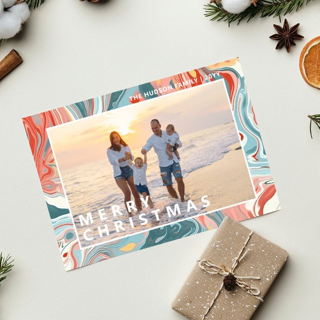 Merry Christmas Modern Liquid Marble Photo Holiday Card (Creator Uploaded)