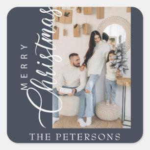 "Merry Christmas" Modern Midnight Blue Photo  Square Sticker