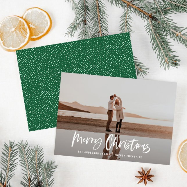 Merry Christmas modern minimal 1 photo green Holiday Card (Creator Uploaded)