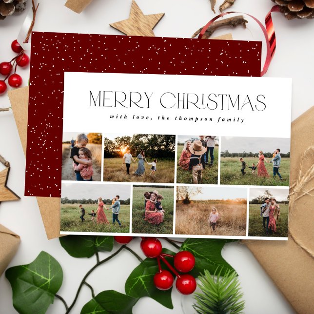 Merry Christmas Modern Minimal white black 8 photo Holiday Card (Creator Uploaded)