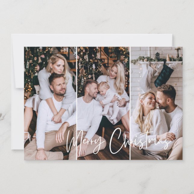 Merry Christmas Modern Minimalist 3 Photo Collage  Holiday Card (Front)