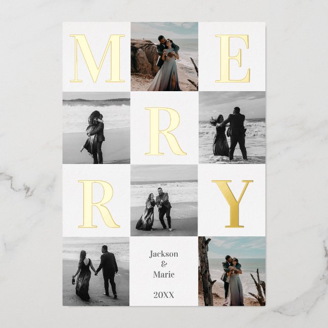 Merry Christmas Modern Multi Photo Design Foil Holiday Card (Front)