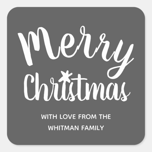 Merry Christmas Modern Name Square Sticker (Front)