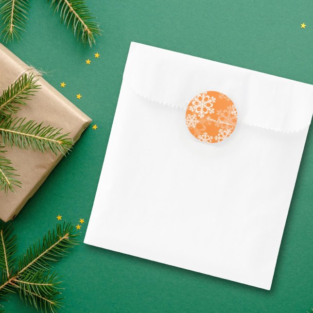 Merry Christmas Modern Orange Snowflakes Pattern  Classic Round Sticker (Creator Uploaded)
