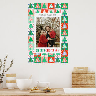 Merry Christmas Modern Patchwork Christmas Trees Poster