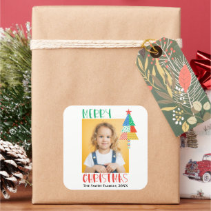 Merry Christmas Modern Patchwork Christmas Trees Square Sticker