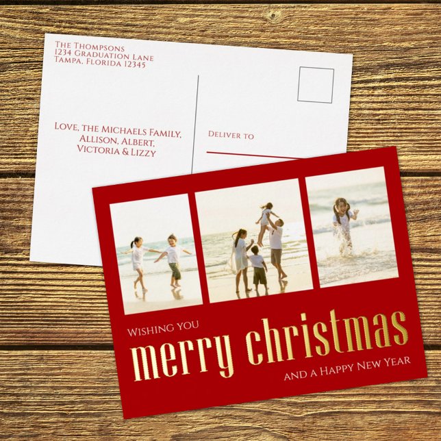 Merry Christmas Modern Photo Collage Foil Holiday Postcard (Creator Uploaded)