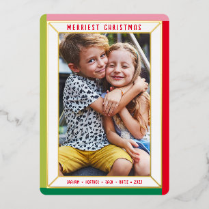 MERRY CHRISTMAS modern photo colour block border Foil Holiday Card
