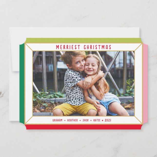 MERRY CHRISTMAS modern photo colour faceted border Holiday Card (Front)