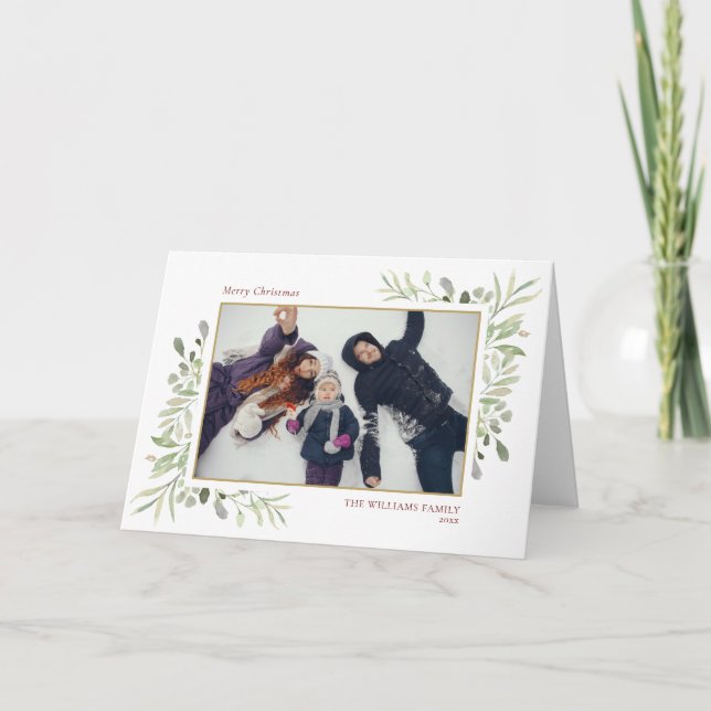 Merry Christmas Modern Photo Elegant Greenery Holiday Card (Front)