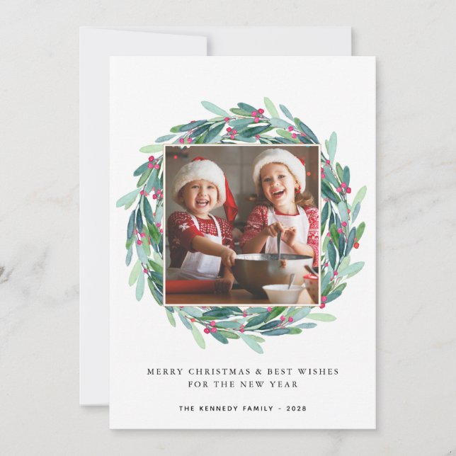 Merry Christmas Modern Photo Holiday Holly Wreath (Front)