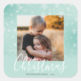 Merry Christmas Modern Photo Snowy Winter Green Square Sticker