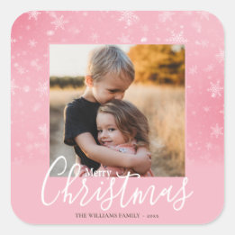Merry Christmas Modern Photo Snowy Winter Pink Square Sticker