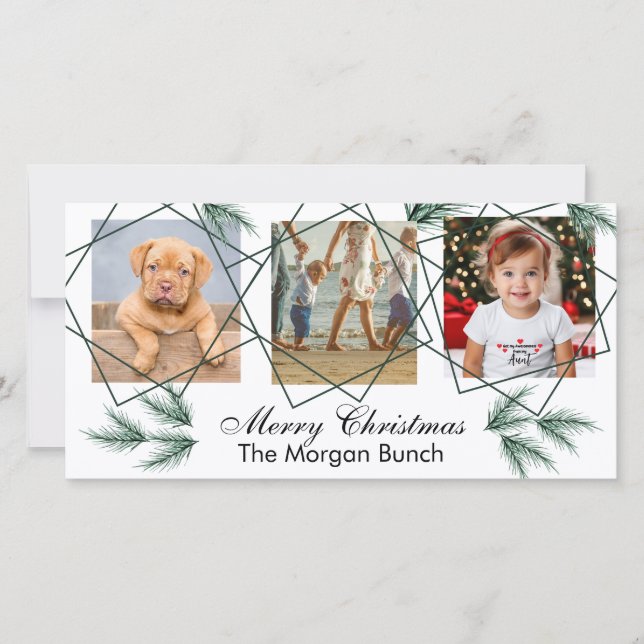 Merry Christmas Modern Pineneedle 3 Photo Collage Holiday Card (Front)