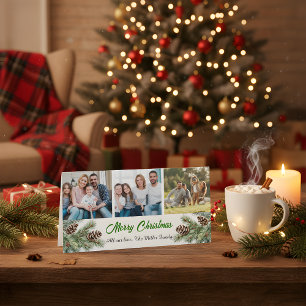 Merry Christmas Modern Pineneedle 3 Photo Collage  Holiday Card