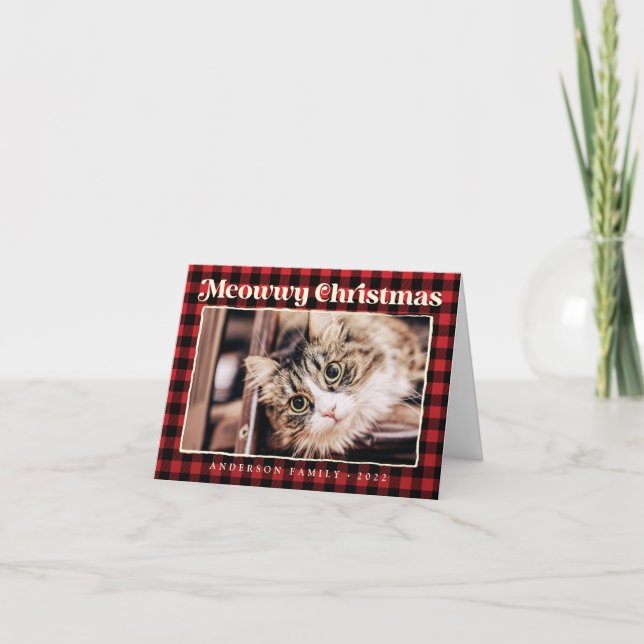 Merry Christmas Modern Plaid Funny Pet Cat Photo Holiday Card (Front)
