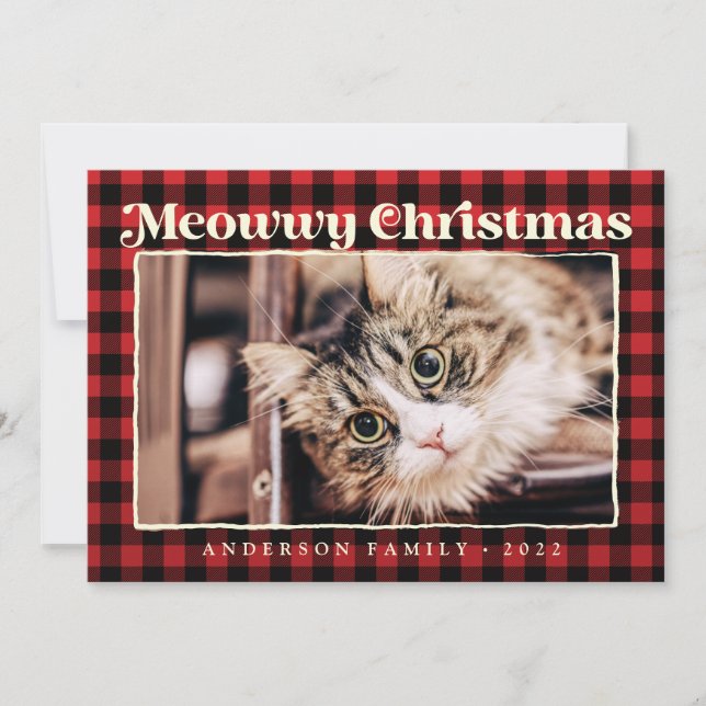 Merry Christmas Modern Plaid Funny Pet Cat Photo Holiday Card (Front)