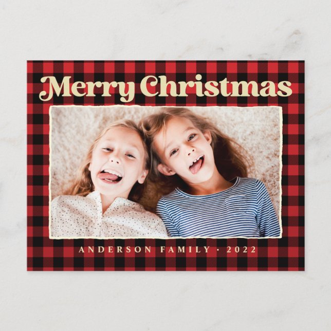 Merry Christmas Modern Plaid Pattern Family Photo Holiday Postcard (Front)