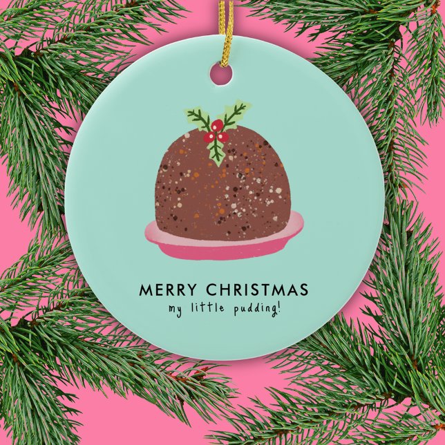Merry Christmas Modern Pudding Illustration Ceramic Tree Decoration (Cute 'My Little Pudding' Christmas ornament)