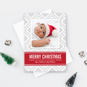 Merry Christmas Modern Red and Grey Ikat Photo Holiday Card