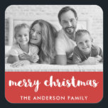 Merry Christmas | Modern Red and White and Photo Square Sticker<br><div class="desc">These stylish,  trendy Christmas stickers say "Merry Christmas" in modern white script typography on a festive red background,  with room for your name and photo.</div>