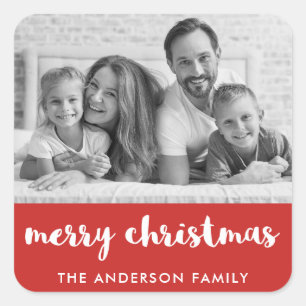 Merry Christmas   Modern Red and White and Photo Square Sticker