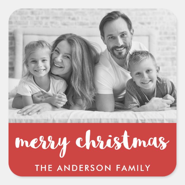 Merry Christmas | Modern Red and White and Photo Square Sticker (Front)