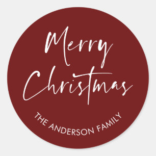 Merry Christmas Modern Red Calligraphy Family Classic Round Sticker