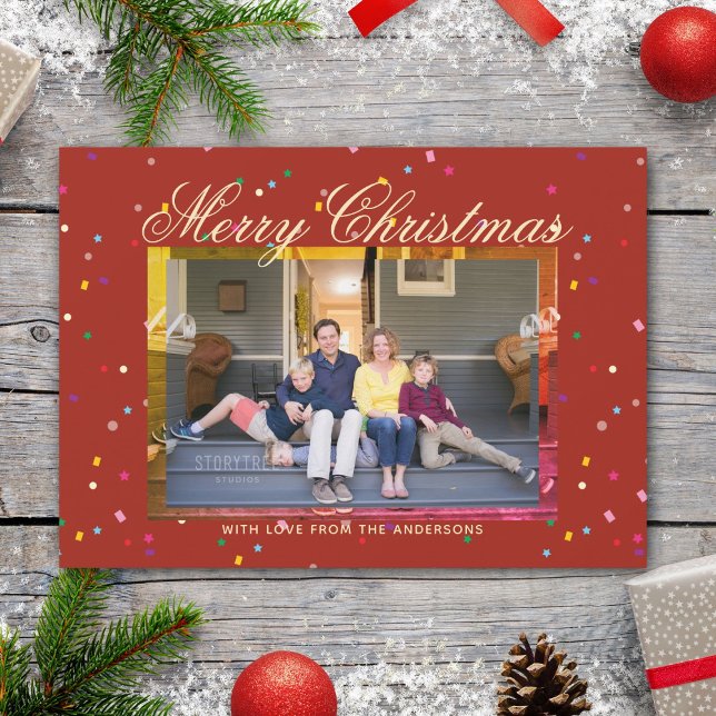 Merry Christmas Modern Red Gold Cute Family Photo Holiday Card (Creator Uploaded)