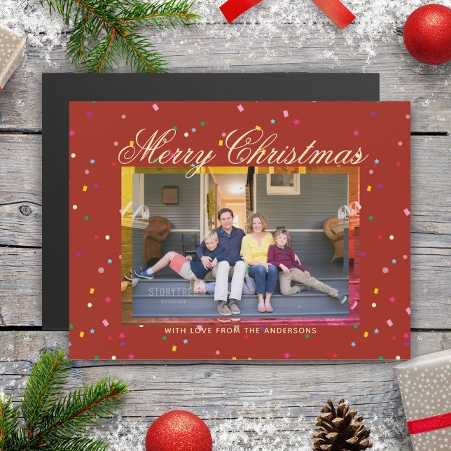 Merry Christmas Modern Red Gold Family Photo Card (Creator Uploaded)