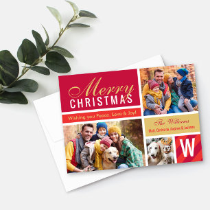 Merry Christmas Modern Red Gold Photo Collage Holiday Card