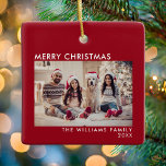 Merry Christmas Modern Red Holiday Ceramic Ornament<br><div class="desc">Modern Holiday Photo Merry Christmas,  Features simple minimal font Merry Christmas. Personalise with your family name and year.</div>
