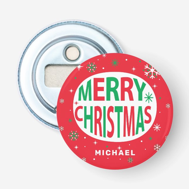 Merry Christmas Modern Red Holiday Personalised Bottle Opener (Front)