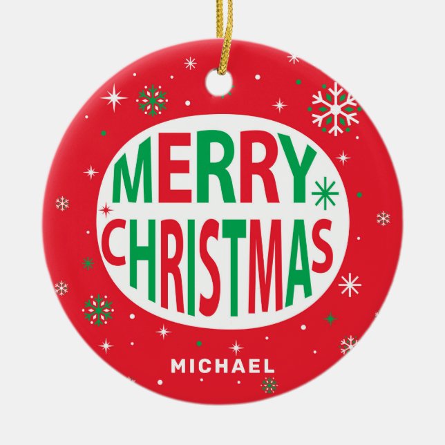 Merry Christmas Modern Red Holiday Personalised Ceramic Tree Decoration (Front)