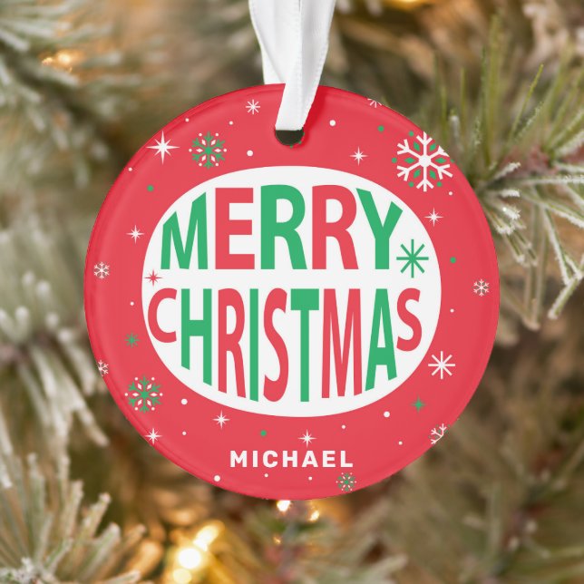 Merry Christmas Modern Red Holiday Personalised Ornament (Tree)