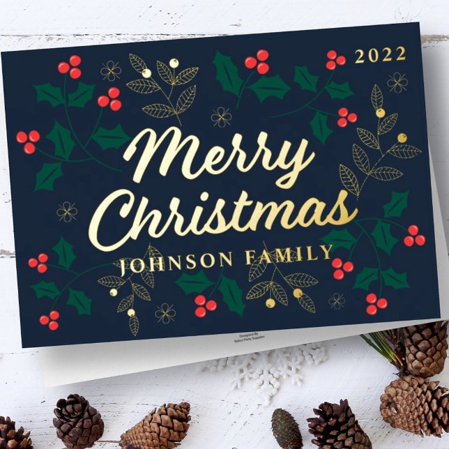 Merry Christmas Modern Red Holly Berries Foliage Foil Holiday Card (Creator Uploaded)