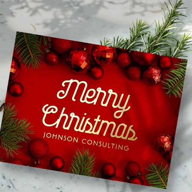 Merry Christmas Modern Red Ornaments and Pine Foil Holiday Postcard (Creator Uploaded)