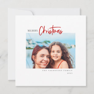 Merry Christmas Modern Red Script Minimalist Photo Holiday Card