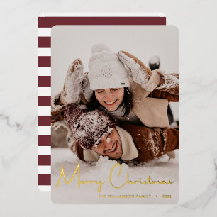 Merry Christmas Modern Red Script Stripes Photo Foil Holiday Card