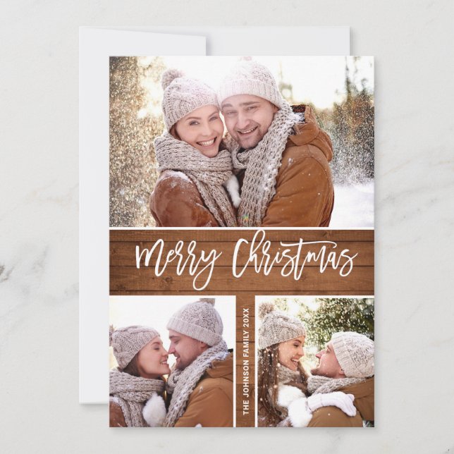 Merry Christmas Modern Rustic 4 PHOTO Greeting Holiday Card (Front)